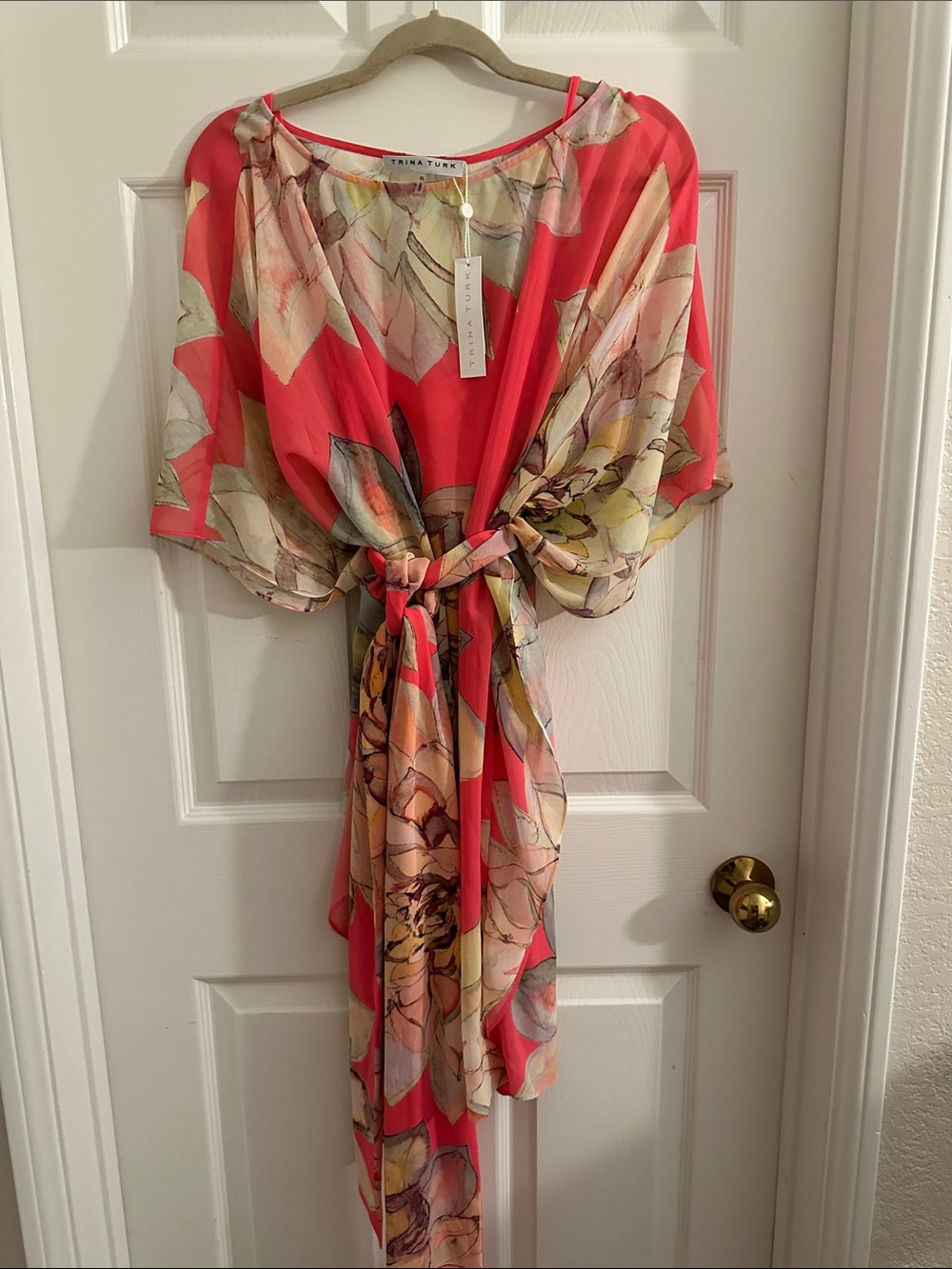 Trina Turk Coral Floral Tie-Waist Kaftan